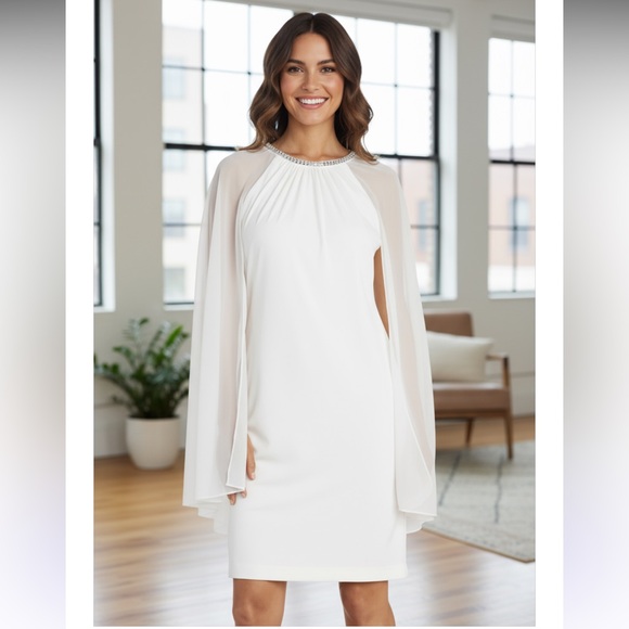 NWOT R&M Richards 2496P Short Petite Chiffon Dress White SZ-18W - Picture 1 of 9